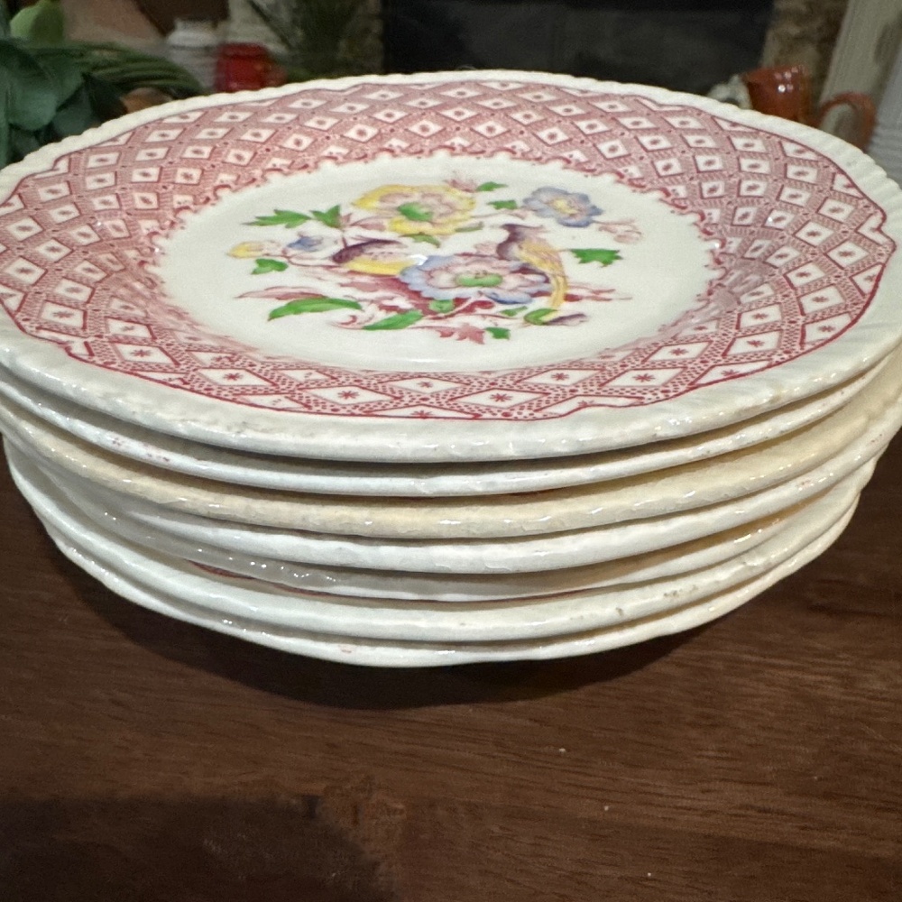 Antique 1920ās Somerset Burgundy Rose 3 Dessert Plates/4 Saucers Shelton - Picture 8 of 8